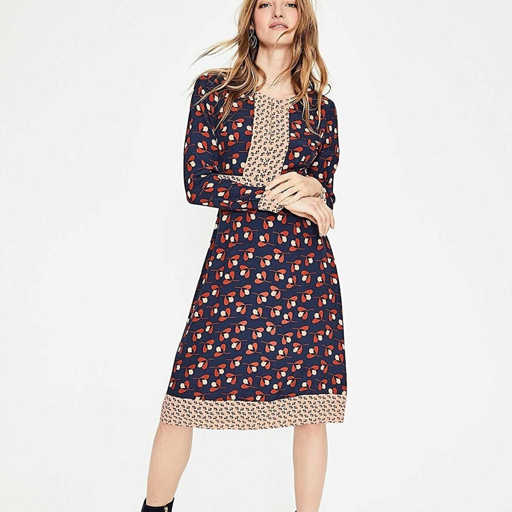* SOLD * Boden Navy and Red Clover Daisy Long-sleeve Fit and Flare Dress - 12
